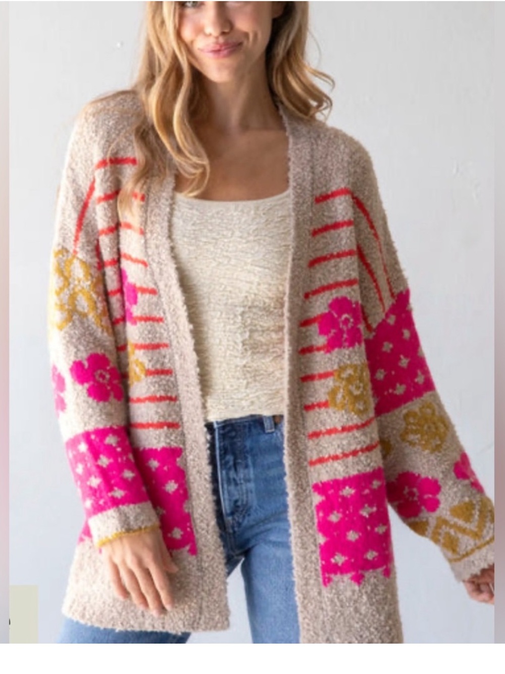 Natural Life Calla Boho Jacquard Textured Boucle Cardigan Sweater Tan Pink  L/XL